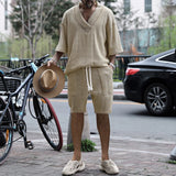 New Summer Men's Set Loose Casual Sports Suit High-quality Jacquard V-neck Short-sleeved Shorts Two-piece Men's Clothing