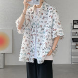 Summer Butterfly Tassel Splice Shirt Men Loose Casual Floral Short Sleeve Shirts Women Oversize Streetwear Boy Girl Blouses