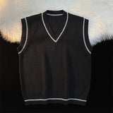 Sweater Vest Men Spring V-neck Japanese Vintage Striped College Knitted Fashion Loose All-match Ins Sleeveless Simple Clothing