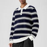 New American Trendy Men Polo Neck Sweater Light Luxury Striped Knit Long Sleeve Pullover Tops High Quality Loose Knitwear M-3XL