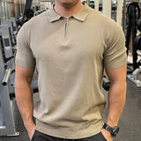 New Men Fashion Tops American Style Light Luxury Knitted Zipper Polo Shirt Casual Fitness Solid Color Short Sleeve Fitness Tees