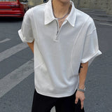 Summer New Trendy Men's Tees Short Sleeve Turn-down Collar Top Male Solid Color Zipper Design Pullover T-shirt 9W3153