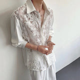 Niche Design Men Shirts Turn-down Collar Hollow Out Pearl Lace -up Patchwork Loose Solid Color Male Long Sleeved Top