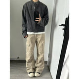 Punk Gray Denim Jacket Men's American Retro Heavy Industry Coat Metal Design Stand Collar Old Washed Short Spliced Street Jacket