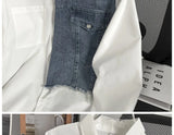 Japanese High-end Denim Jacket Spliced Long-sleeved Shirt Men's Niche Design Sense High Street Couple Loose Casual White Shirt