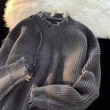 Knitted Sweaters for Men Solid Color Crewneck Man Clothes Pullovers Round Collar Plain with Holes Beige Torn Thick Winter Street