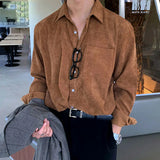 Hong Kong Style Vintage Corduroy Shirt Men's Long-sleeved Top Loose Large-size Lapel Shirt Casual White Button Blouse Jacket