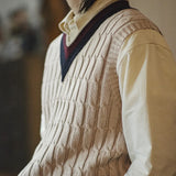 Retro Ivy Knit V-Neck Sweaters Vest Color-Block Sleeveless Classic Versatile Men's Khaki Tops with Preppy Style for Autumn