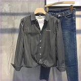 Spring and Autumn New Trendy Small Embroidered Inch Clothes Slim Lapel Long Sleeve Tops Men Vertical Striped Casual Shirt