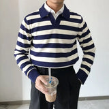 American Chic Striped Men Polo Sweater Luxury Trendy Business V Neck Knit Solid Color Pullover Leisure Slim Long Sleeve Knitwear