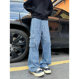 Spring New Men Cargo Jeans Baggy  American High Street Multi-pocket Youth Overalls Fashion Streetwear Vintage Wide Leg Pants