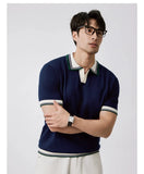 New Japanese Trendy Men Polo Shirt Light Luxury Slim-fit V Neck T-shirt Leisure Patchwork Short Sleeve Tops Retro Knitwear M-3XL