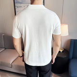 Men's V-neck POLO Shirt Summer New Hollow Striped Jacquard Solid Color Casual Short Sleeve knitted T-shirt Men's Clothing