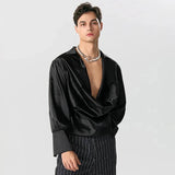Men Shirt Solid Color V Neck Long Sleeve Satin Male Irregular Shirts Loose Streetwear Fashion Casual Camisas S-5XL INCERUN