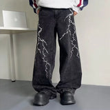 Cyber Y2K Streetwear Embroidery Lightning Black Baggy Jeans Pants Men 90S Vintage Clothes Wide Leg Hip Hop Long Trousers