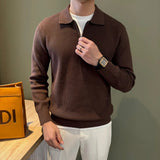 Autumn Casual Men Polo Sweater Light Luxury Zip-up Solid Color Long Sleeve Knitted Pullover Daily Commuting Basic Knitwear M-3XL