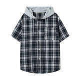 Summer Short Sleeved Shirt Men Fashion Retro Casual Hooded Shirt Men Streetwear Korean Loose Plaid Shirts Man Large Size 4XL