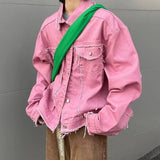 Niche Frayed Retro Denim Jacket High Street Workwear Jean Coats for Men Loose Short Casual Outwear Pink Trendy Men's Clothing