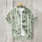 Linen Cotton Printed Shirt, Short Sleeved Lapel, Single Breasted Hawaiian Vacation Shirt, Cherry Blossom Retro Art