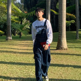 American Retro Large Size Denim Overalls Men's Loose Trend Korean Style Fashion 2025 New High-end Straight Suspender Jumpsuit