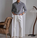 Men's American Retro Polo Sweater Luxury Trendy Business V Neck Knit Solid Color Pullover Leisure Slim-fit Long Sleeve Knitwear