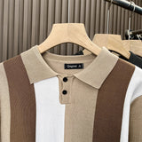 British Retro Men's Knitted Polo Shirt Light Luxury Patchwork Slim-fit Long Sleeve T-shirts Autumn Leisure Business Tops M-3XL