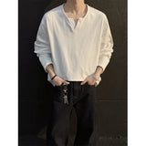 Cotton Long Sleeved T-shirt Men Fashion White V-neck T Shirt Men Streetwear Korean Loose Casual Pullover T Shirt Mens Top M-2XL