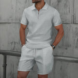 Spring Summer Casual Mens Waffle Sets Stylish Short Sleeve Zipper Polo Shirt And Shorts Men Outfits Fashion Two Piece Suits