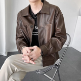 Autumn Mens Retro Lapel Short Long Sleeve Elegant British Pu Textured Leather Casual Jacket Loose Leather Jacket For Men