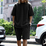 Spring Summer New Fashion Round Neck Long Sleeve Solid Youth Men's Clothing Korean Simplicity Trend All-match Chic Shorts Suits