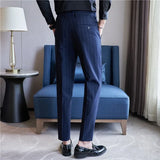 Men's Striped Suit Pants Elastic Autumn New Social Casual Trousers Slim Fit Suit Pants Business Office Wedding Men Clothing