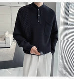 Korean Popular Men's Henry Collar Sweater Light Luxury Knit Long Sleeve Button Pullover Trending Jacquarded Solid Color Knitwear