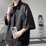 2025 White Texture Short-sleeved Shirts Men Korean Chic All-match Blouses Casual Loose Single Breasted Black Shirt with Tie