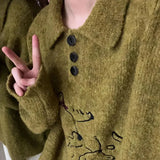Mens Sweater Lazy Kitten Embroidered Sweater Autumn Daily Retro Casual Versatile Comfortable Polo Collar Top Men'S Clothing