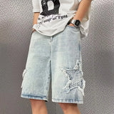 Star Patchwork Yellow Clay Color Jeans Summer Men Denim Shorts Trendy Streetwear Five-point Pants Straight Jeans Shorts