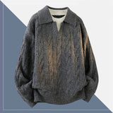 Korean Luxury Jacquard Men Polo Sweater Loose V Neck Knit Solid Color Pullover Casual Premium Quality Long Sleeve Knitwear M-3XL