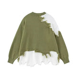 Retro Tassel Irregular Men's Sweater Loose American Lazy Style Knitted Shirt Color Block Design Casual Crew Neck Top