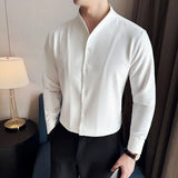 Men V-neck Shirt Spring New British Style Anti-wrinkle Soft Solid Casual Elastic Slim Fit Long Sleeved Shirt Men Clothing