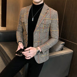 New Men's Brand Clothing Blazer Slim Slim Fashion High Quality Plaid Casual Jacket Men's Wool Short Slim Fit Blazer