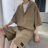 Men's Sets Summer Handsome Notched Collar Half Length Sleeve Shirts Knee  Solid Elastic Waist Shorts Korean Style Fashion