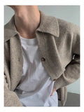 New Korean Fashion Men Cardigan Jacket Light Luxury Knitted Polo Neck Long Sleeve Sweater Coat Casual Retro Solid Color Knitwear