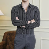 Men Double Breasted Striped Shirt Spring New Party Evening Dress Formal Shirt Long Sleeved Fashionable Casual Men Clothing