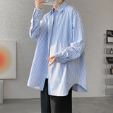 Blue Striped Shirt Men Fashion Society Mens Dress Shirt Korean Loose Long Sleeved Shirt Mens Casual Shirts Large Size 5XL