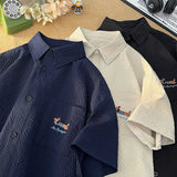 Gmiixder Bubble Yarn Embroidered Shirt Short-sleeved Summer Thin Breathable Quick-drying Beach Shirt Couple Half-sleeved Jacket