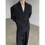 Korean Stylish V-neck Chic Button Blouses Front Pocket Harajuku Men's Solid Long Sleeve Turn-down Collar Shirt White/Black