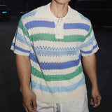 New Trend Hollow Out Men Polo Shirt Leisure High Quality Patchwork T-shirt Breathable Short Sleeve Knitwear American Retro Tops