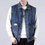 Spring Vintage Design Mens Denim Vest Male Retro Sleeveless Jackets Men Ripped Hole Button Jean Waistcoats Clothing 4XL