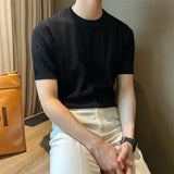 Men's Clothing Fashion Hollow Out Tops Knit Luxury O Neck Short-sleeved T-shirt Leisure Korean Popular Retro Slim-fit Knitwear