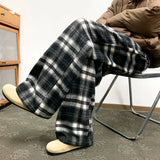 Winter Vintage Fleece Plaid Wide Leg Pants Men's Woolen Casual Thick Warm Pants Men Women Loose Straight Mopping Trousers