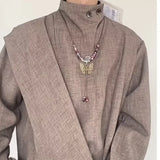 Shirts Men Long Sleeve Stand Solid Korean Fashion All-match Handsome Y2k Top Couples Harajuku High Street Vintage Streetwear Ins